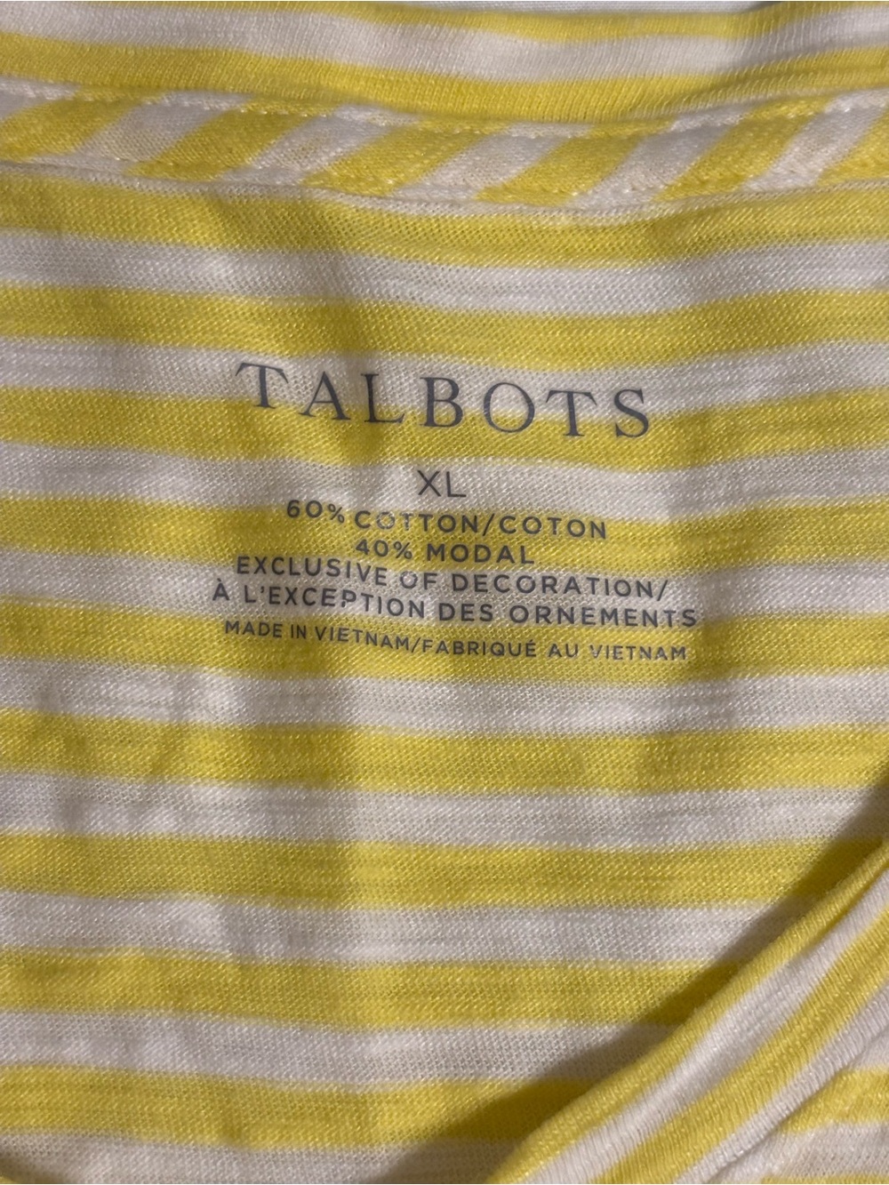 Talbots XL Yellow White Striped Lace Trim Tee Crochet Hem Soft Cotton Modal Top - Picture 2 of 7